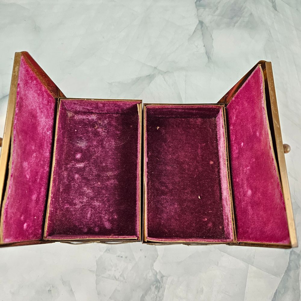 Vintage metal trinket jewelry box velvet lined pearl inlay art deco‎ accordion - Picture 8 of 11